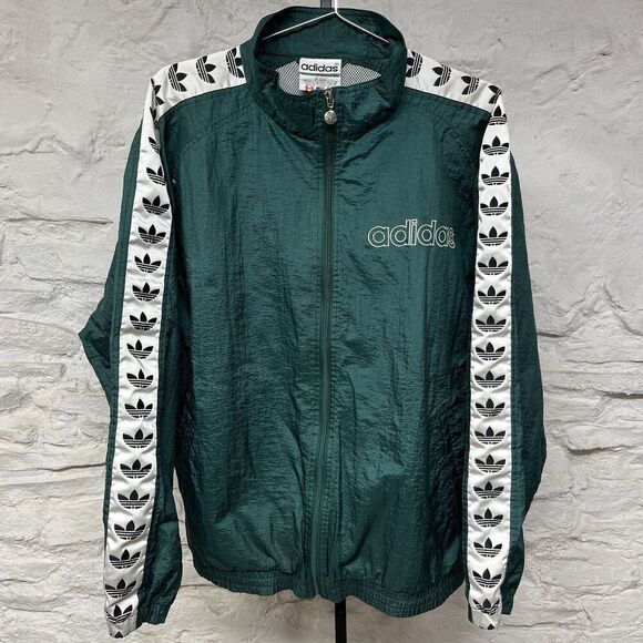 Vtg Adidas Full Zip Nylon Windbreaker Jacket Embroidered Spellout Green Flag Tag - Picture 1 of 10